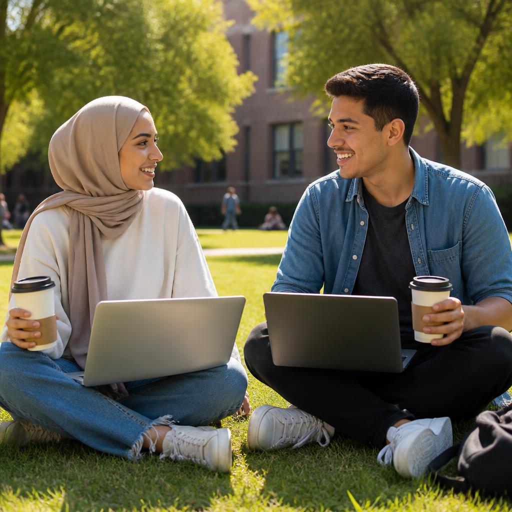 Two students sitting on the campus lawn with coffee and laptops