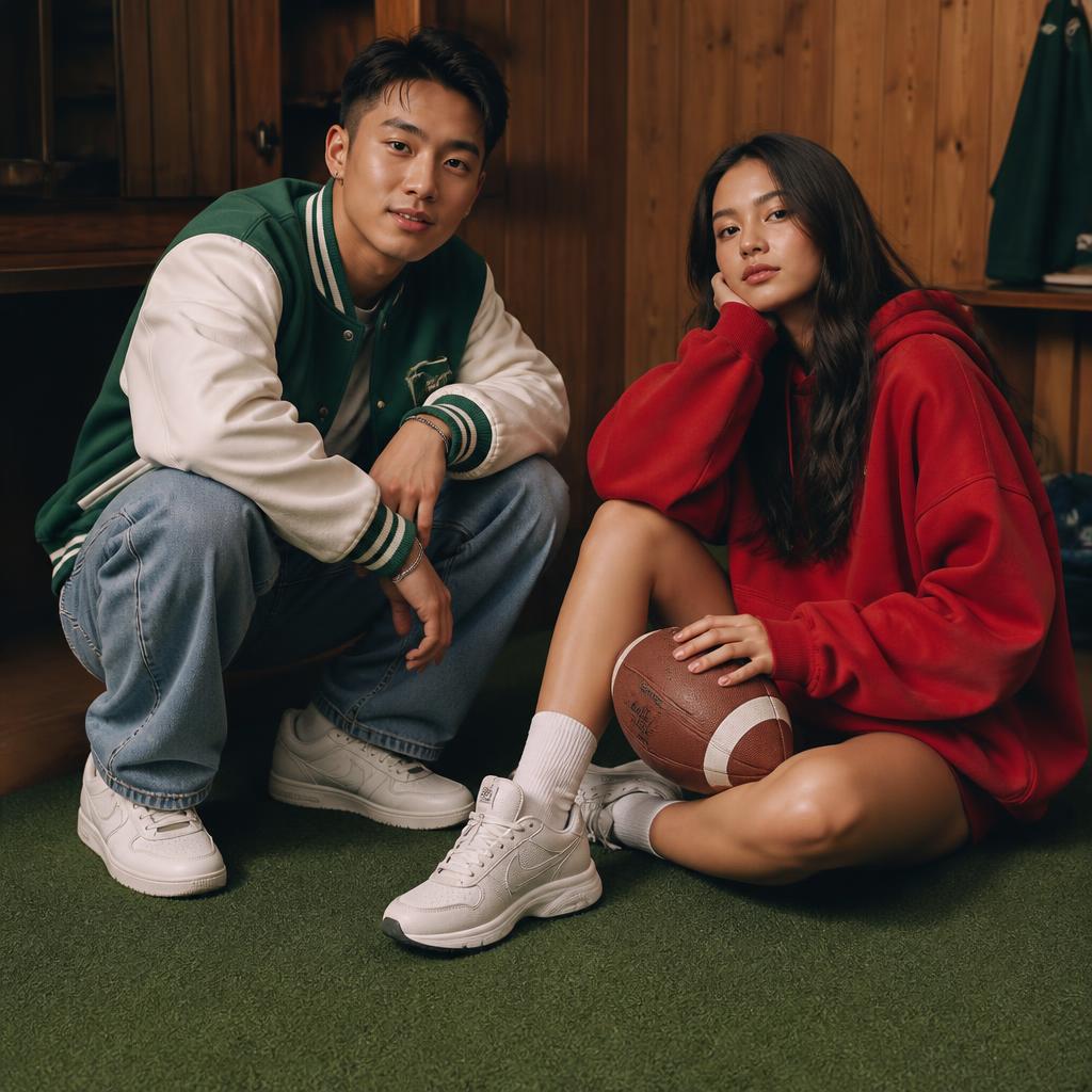 Two students in a varsity jacket and red hoodie sitting on turf with a football, sneakers in frame