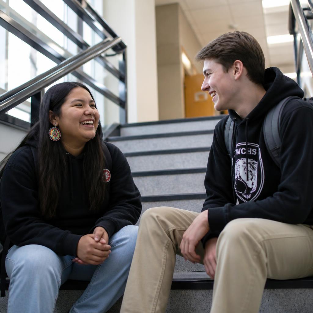 Two high-school students laughing together on a school stairwell