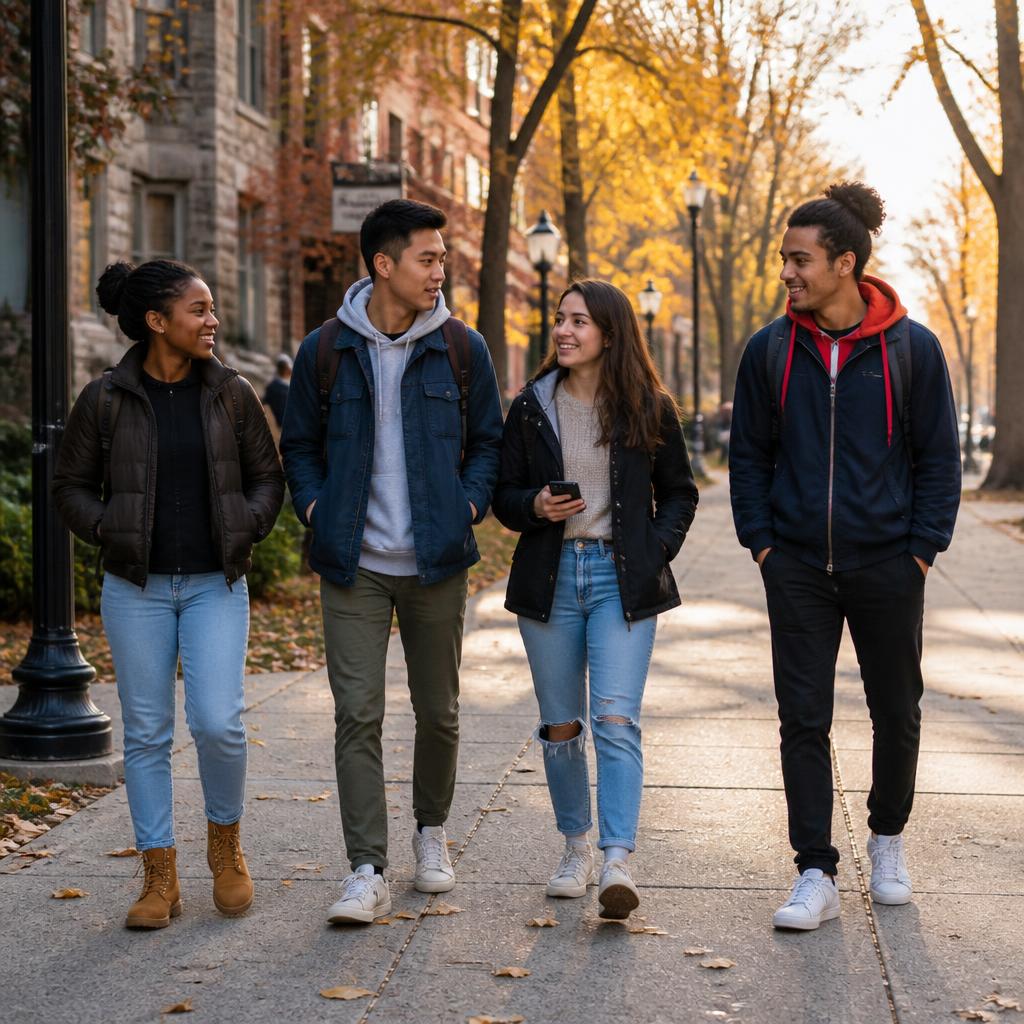 Four college students walking on a city sidewalk in autumn, boots and sneakers visible